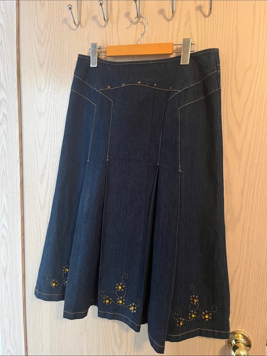 Lana Lee Dresses & Skirts - Dark Blue Denim A-Line Skirt with Decorative Stud and Bead Accents